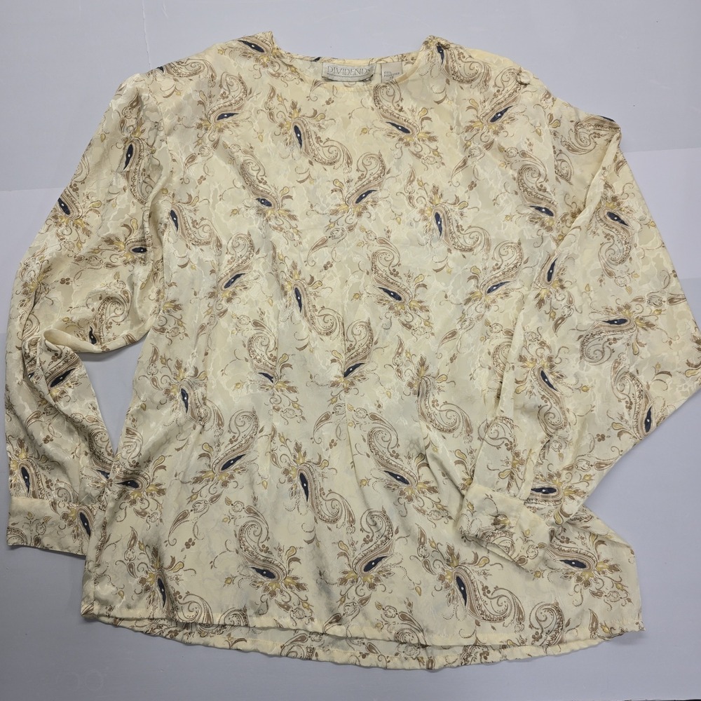 Dividends Vintage Women 12 Cream Paisley Long Sleeve Button Shoulder Blouse Top‎